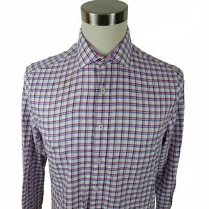 James Tattersall Mens Cotton Button Up Black Pink Red Blue Plaid Shirt Medium